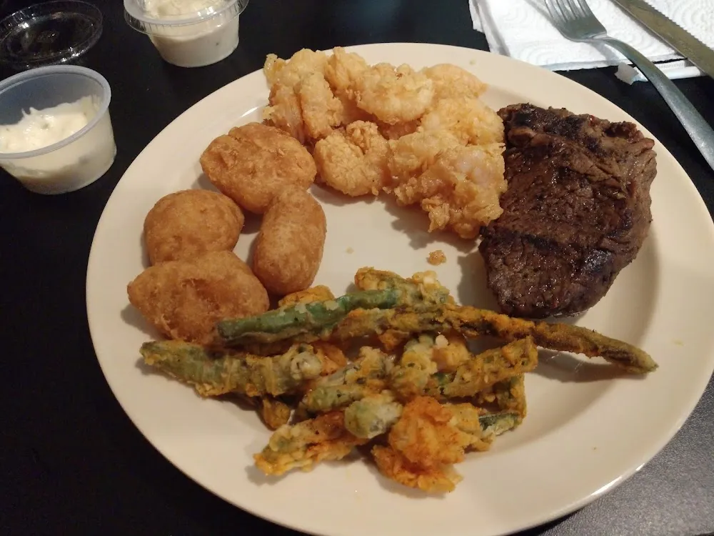 Steak Fried Shrimp Corn Nuggets and Fried Green Beans